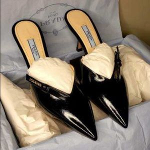 Unworn Black Patent Leather Prada Mules - Size 5 - NIB